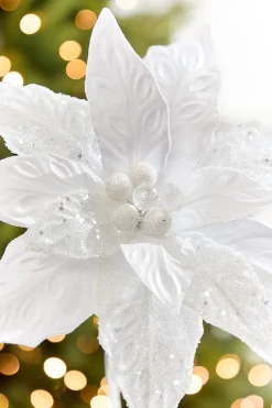 Decorator's Warehouse 24" x 10" White Glitter Edge & Bead Poinsettia Stem > White Christmas|Christmas Decor