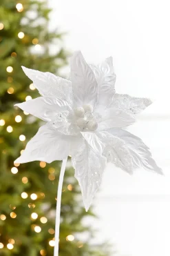 Decorator's Warehouse 24" x 10" White Glitter Edge & Bead Poinsettia Stem > White Christmas|Christmas Decor