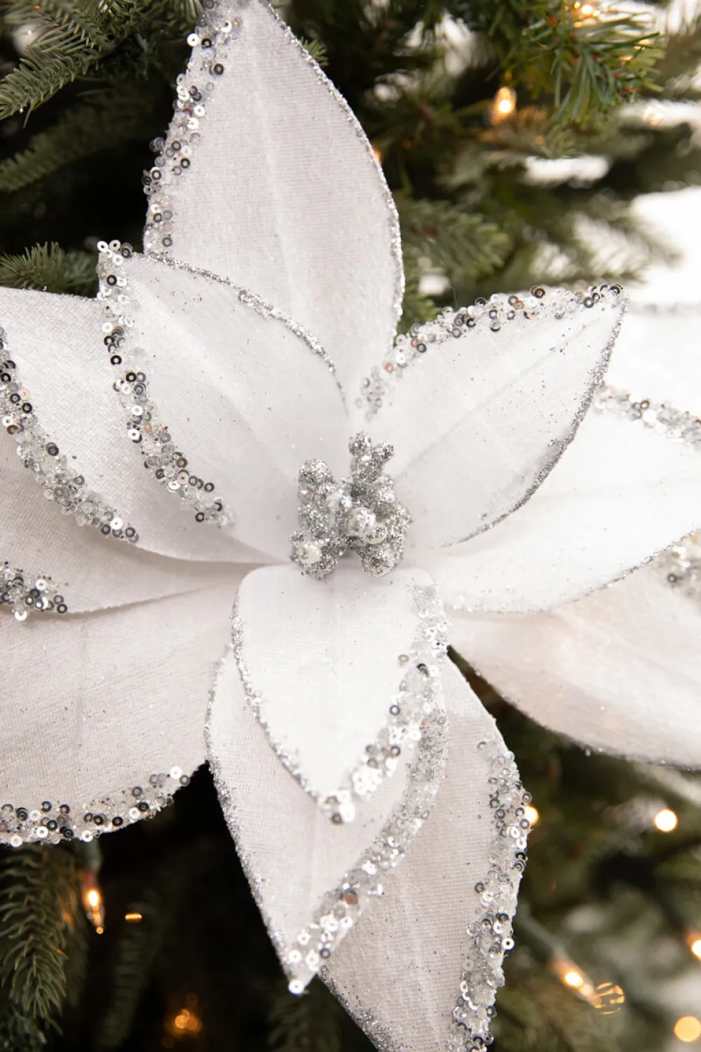 Decorator's Warehouse 22” x 12" White Velvet Glitter Poinsettia Stem > White Christmas|Christmas Decor