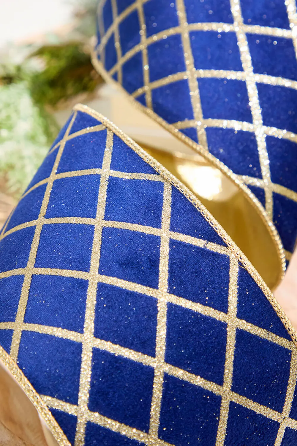 Decorator's Warehouse 4" x 10 Yard Blue Velvet with Gold Diamond Pattern Ribbon > Christmas Ribbon|Christmas Decor