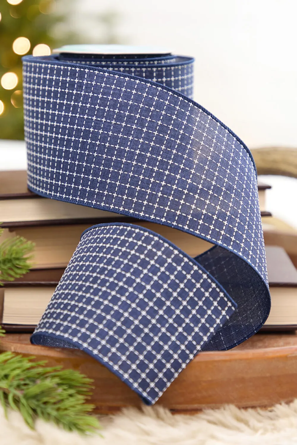 Decorator's Warehouse 4" x 10 Yard Blue & White Checkered Stitch Ribbon > Farmhouse|Christmas Ribbon