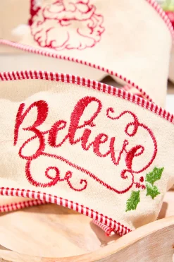 Decorator's Warehouse 4" x 5 Yard Embroidered Santa Face/Believe Ribbon > Christmas Ribbon|Christmas Decor