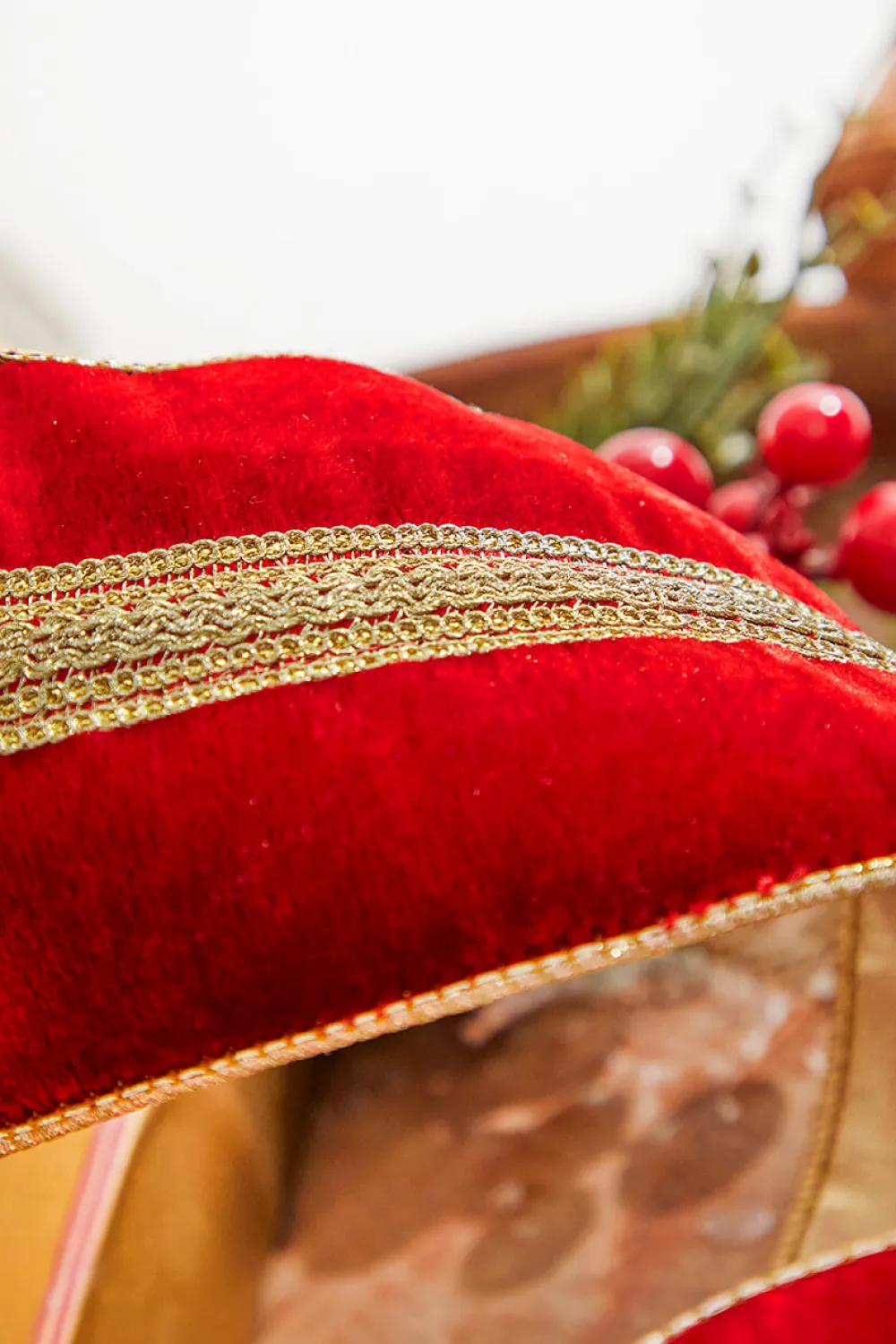 Decorator's Warehouse 4” x 5 Yard Gold Braid Trim Velvet Gold Back Wired Ribbon - Red/Gold > Christmas Ribbon|Nutcracker