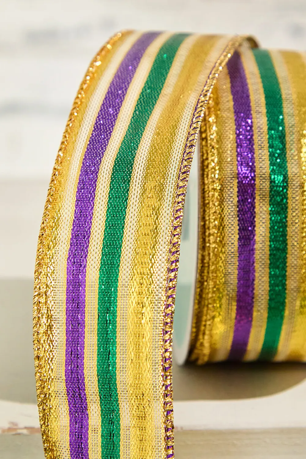 Decorator's Warehouse 1.5" x 10 Yard Gold Green Purple Striped Ribbon > Mardis Gras|Mardi Gras