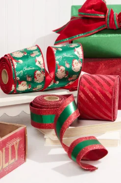 Decorator's Warehouse 2.5" x 10 Yard Green Lamé with Red Glitter Stripe Ribbon > Christmas Ribbon|Christmas Decor