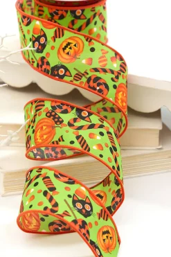 Decorator's Warehouse 2.5" x 10 Yard Green & Orange Pumpkin, Cat & Candy Halloween Ribbon > Halloween|Halloween