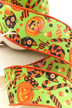 Decorator's Warehouse 2.5" x 10 Yard Green & Orange Pumpkin, Cat & Candy Halloween Ribbon > Halloween|Halloween