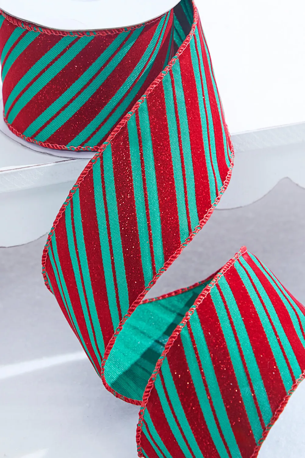 Decorator's Warehouse 2.5" x 10 Yard Green With Red Glitter Diagonal Stripe Wired Ribbon > Christmas Decor|Christmas Ribbon