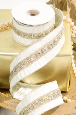 Decorator's Warehouse 2.5" x 5 Yard Jewel Trim Dupion Metallic Back Ribbon > Christmas Ribbon|Christmas Decor