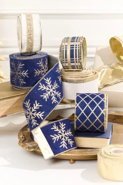 Decorator's Warehouse 4" x 10 Yard Navy Velvet with Gold Snowflake Ribbon > Christmas Ribbon|Christmas Decor