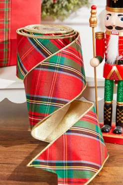 Decorator's Warehouse 4" x 10 Yard Nutcracker Plaid Dupioni Double Backed Wired Ribbon - Red > Christmas Ribbon|Nutcracker