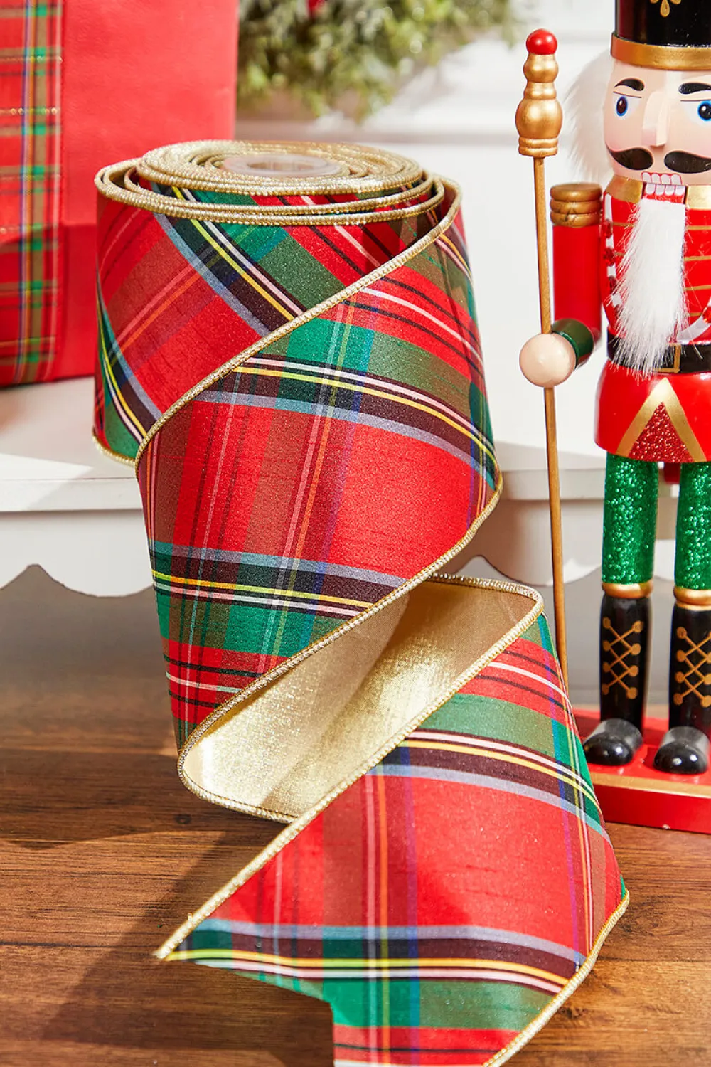 Decorator's Warehouse 4" x 10 Yard Nutcracker Plaid Dupioni Double Backed Wired Ribbon - Red > Christmas Ribbon|Nutcracker