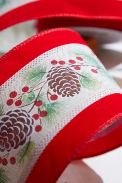 Decorator's Warehouse 4" x 10 Yard Pinecone and Berry Wired Ribbon > Cardinal|Christmas Ribbon