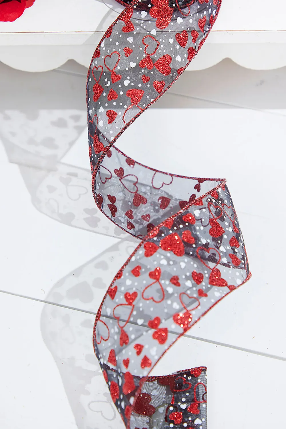 Decorator's Warehouse 2.5" x 10 Yard Red Glitter Heart Sheer Black Ribbon > Valentine'S Ribbon|Christmas Decor