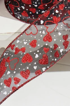 Decorator's Warehouse 2.5" x 10 Yard Red Glitter Heart Sheer Black Ribbon > Valentine'S Ribbon|Christmas Decor