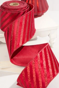Decorator's Warehouse 4" x 10 Yard Red Velvet with Red Glitter Stripe Ribbon > Christmas Decor|Christmas Ribbon