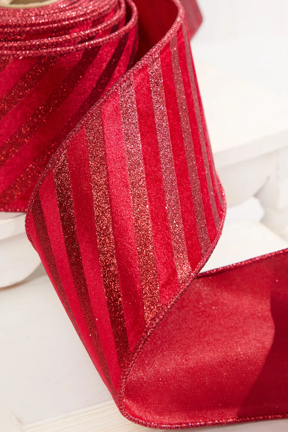 Decorator's Warehouse 4" x 10 Yard Red Velvet with Red Glitter Stripe Ribbon > Christmas Decor|Christmas Ribbon