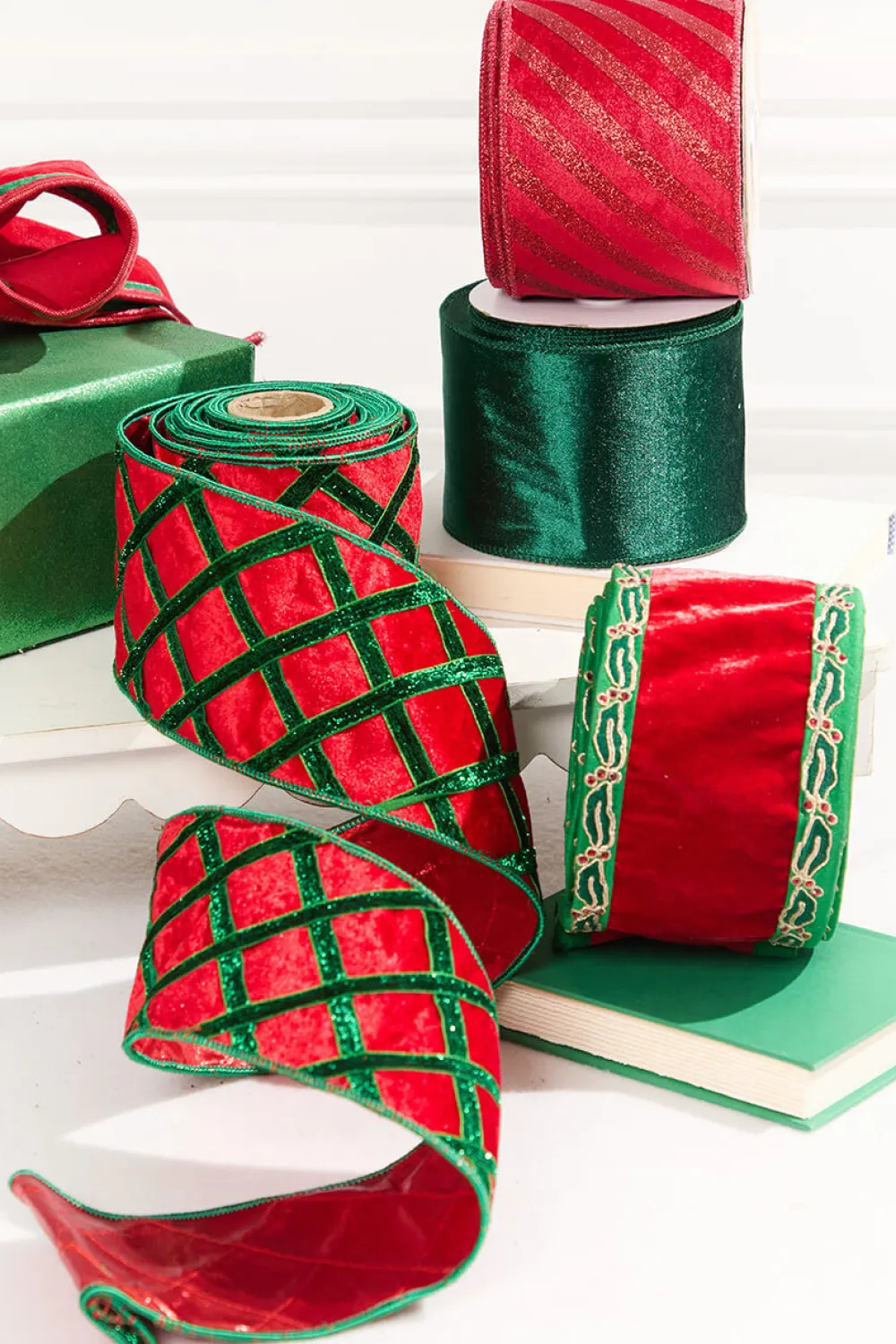 Decorator's Warehouse 4" x 10 Yard Red Velvet with Red Glitter Stripe Ribbon > Christmas Decor|Christmas Ribbon