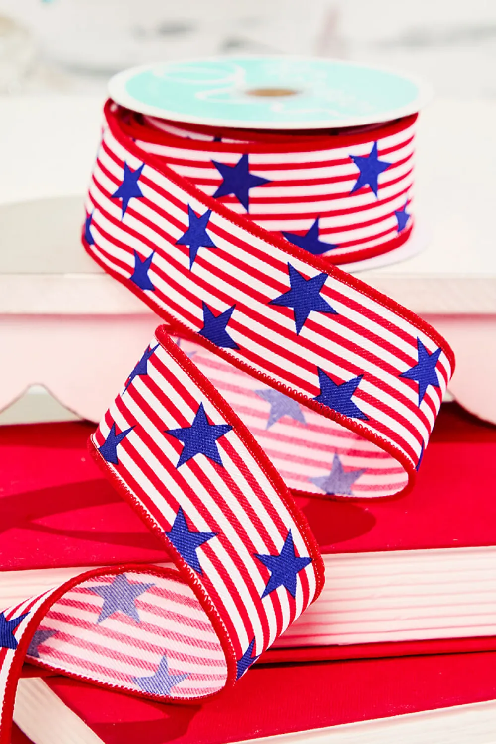 Decorator's Warehouse 1.5" x 10 Yard Red & White Striped Ribbon with Blue Stars > Patriotic Decor|Patriotic Decor