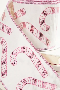 Decorator's Warehouse 4" x 5 Yard Sequin Embroidered Pink Candy Cane Ribbon > Christmas Ribbon|Christmas Decor