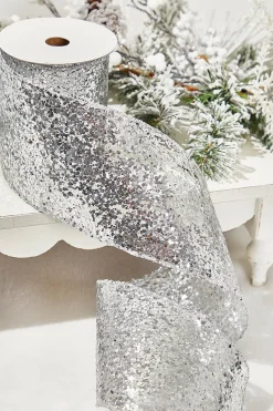 Decorator's Warehouse 4" x 10 Yard Silver Glitter Wired Ribbon > White Christmas|Christmas Ribbon