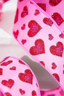 Decorator's Warehouse 2.5" x 10 Yards Pink Glitter Heart Ribbon > Valentine'S Ribbon|Christmas Decor