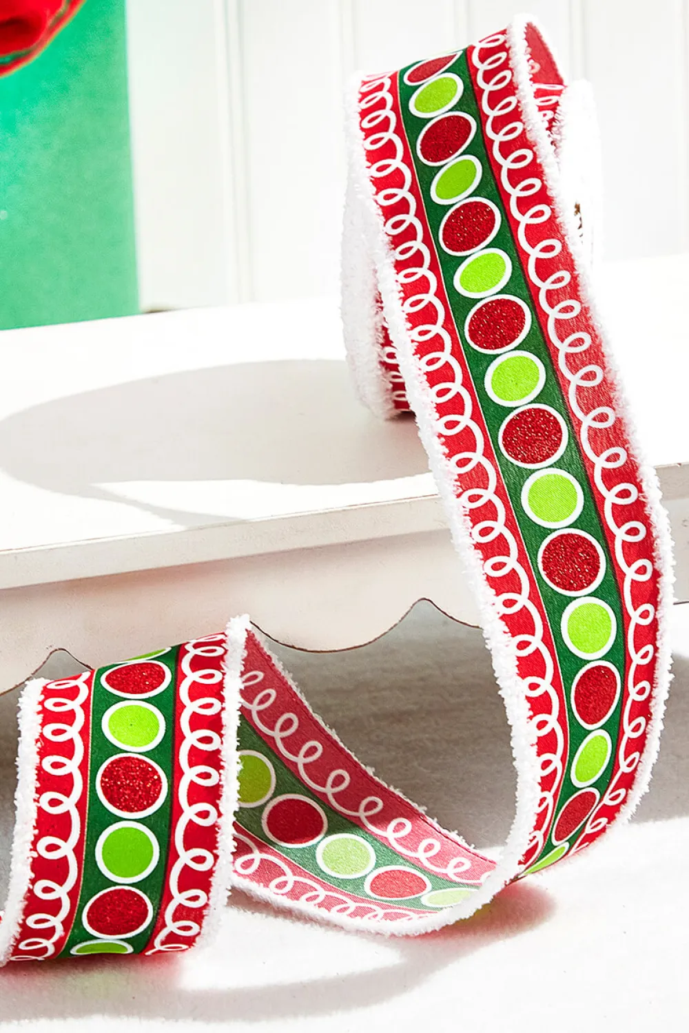 Decorator's Warehouse 2.5" x 10 Yard Stripe Glitter Circle Drift Ribbon — Red/Green > Christmas Decor|Christmas Ribbon