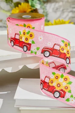 Decorator's Warehouse 2.5" x 10 Yards Truck with Flowers Pink Ribbon > Christmas Decor|Spring Decor