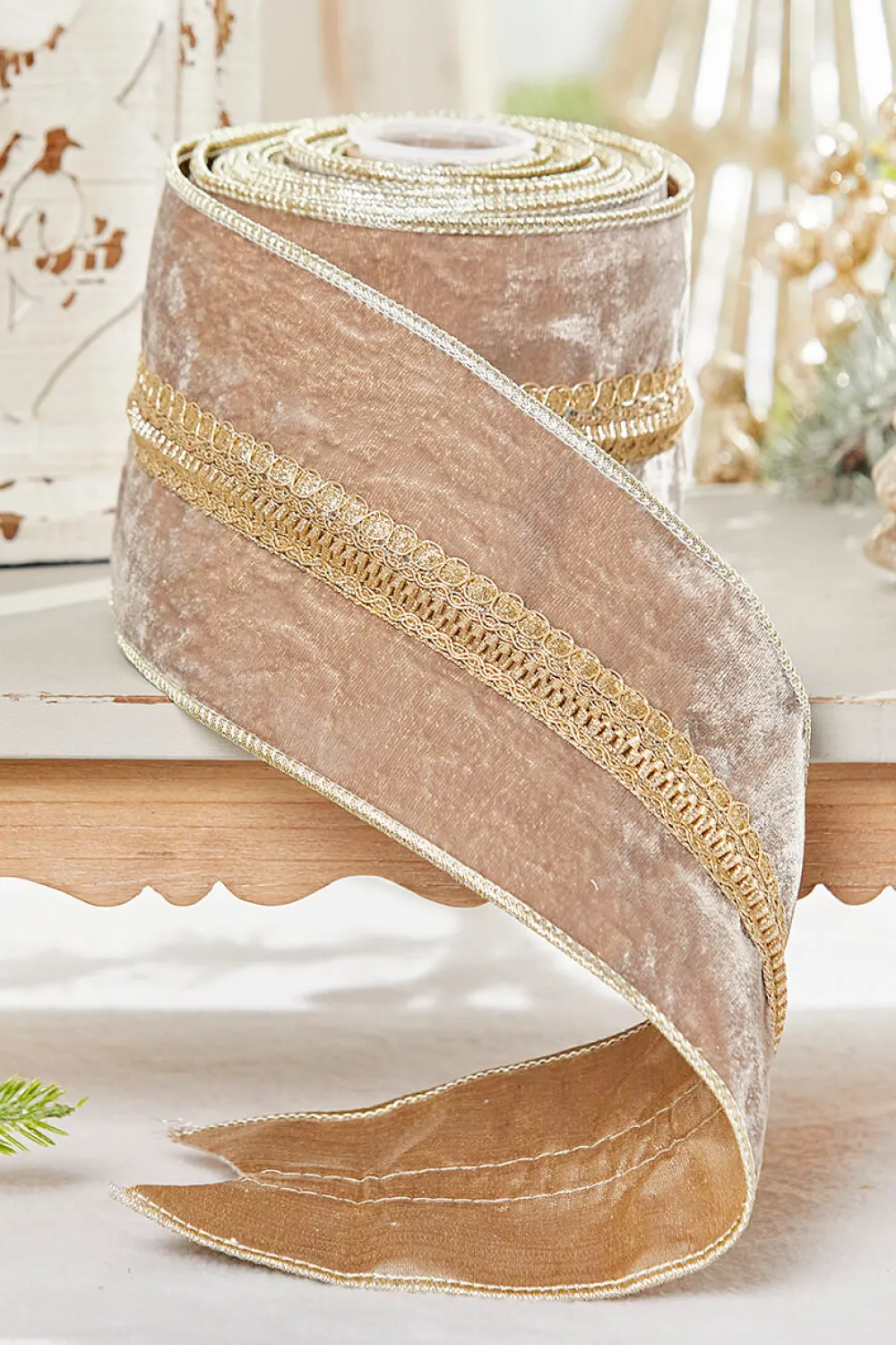 Decorator's Warehouse 4" x 5 Yard Taupe Velvet Metallic Edge Ribbon > Christmas Ribbon|Christmas Decor