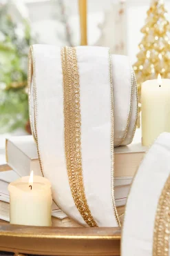 Decorator's Warehouse 4" x 5 Yard White and Gold Velvet Ribbon > Christmas Ribbon|Christmas Decor
