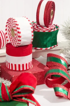 Decorator's Warehouse 2.5" x 10 Yard White Dupioni with Red Glitter Stripe Ribbon > North Pole Party|Christmas Ribbon
