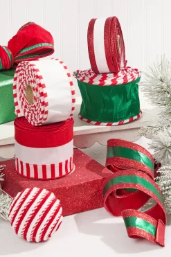 Decorator's Warehouse 2.5" x 10 Yard White Dupioni with Red & White Piping Ribbon > Christmas Ribbon|Christmas Decor