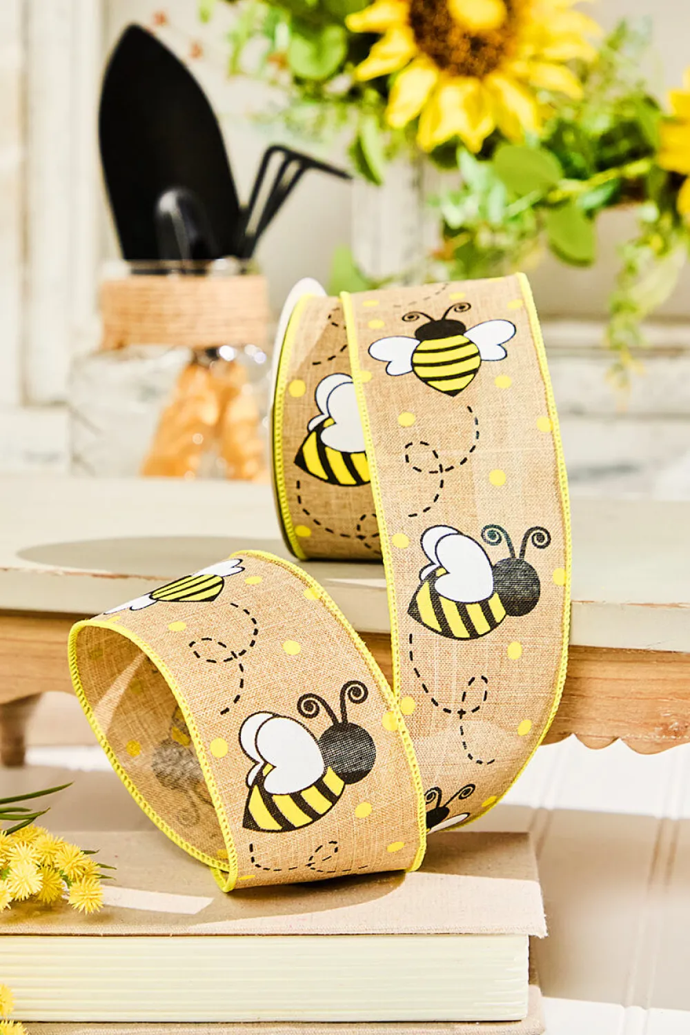Decorator's Warehouse 2.5" 10 Yard Burlap Bee Yellow Polka Dot Ribbon > Christmas Decor|Spring Decor